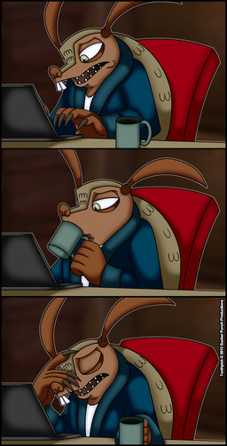 anthro big_claws brown_body brown_eyes brown_skin buckteeth chair claws clothing computer container cup drinking electronics eyes_closed frown furniture grey_eyes hand_on_head holding_container holding_cup holding_mug holding_object kerchief laptop long_ears looking_down male mug open_mouth robe scales sheriff shirt solo table tan_body tan_scales teeth topwear vest verona7881 sly_cooper_(series) sony_corporation sony_interactive_entertainment sucker_punch_productions toothpick_(sly_cooper) armadillo mammal xenarthran 2013 comic