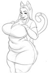 anthro big_breasts breasts cleavage clothed clothing domestic_cat dress felid feline felis female hand_on_breast hi_res holding_breast huge_breasts mammal mature_female monochrome simple_background thick_thighs vondranart white_background