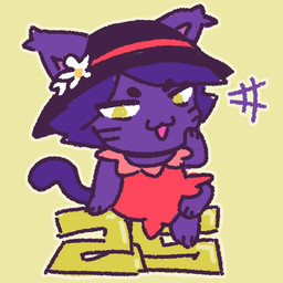 3_fingers anthro black_clothing black_hat black_headwear chibi clothing crossed_legs dress female fingers flower flower_accessory fur hair hat headgear headwear number plant purple_body purple_fur purple_hair red_clothing red_dress sitting smile smug_face solo tail white_flower yellow_eyes 90percentdenny 90_percent_studios purrfect_apawcalypse coco_grimalkin domestic_cat felid feline felis mammal 1:1 promotional_material