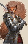 2023 anthro armor big_tail brown_body brown_fur caraid clothed clothing digital_media_(artwork) digital_painting_(artwork) female fluffy fluffy_tail fully_clothed fur green_eyes hi_res holding_melee_weapon holding_object holding_sword holding_weapon knight looking_at_viewer mammal melee_weapon pink_nose rodent sciurid solo sword tail tree_squirrel warrior weapon whiskers