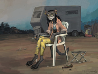 anthro broken_window cigarette clothing digitigrade female holes_in_clothing littering paws plastic_chair smoking smoking_cigarette solo tire tired tired_eyes torn_clothing trailer_park trash_can alekksandar conditional_dnp microsoft the_elder_scrolls felina'ma domestic_cat felid feline felis khajiit mammal absurd_res hi_res