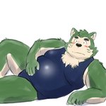 anthro blush clothed clothing fur green_body green_fur humanoid_hands kemono male one-piece_swimsuit overweight overweight_anthro overweight_male school_swimsuit simple_background solo swimwear white_background yaki_atsuage lifewonders live_a_hero mokdai canid canine canis domestic_dog mammal 1:1 2021 hi_res