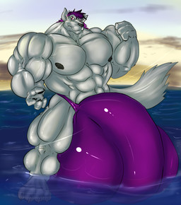 anthro balls big_balls big_bulge big_muscles big_penis bulge clothing genitals huge_balls huge_bulge huge_muscles huge_penis hyper hyper_balls hyper_bulge hyper_genitalia hyper_muscles hyper_penis looking_at_viewer male muscular muscular_anthro muscular_male nipples partially_submerged penis solo speedo sunset swimwear vein water fierglief koryuu_(character) canid canine canis mammal wolf 2013