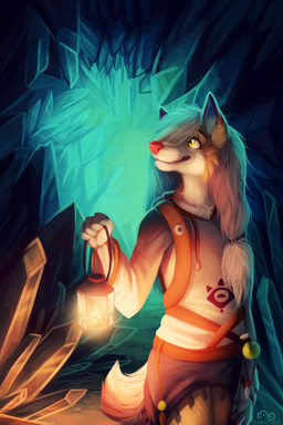 5_fingers anthro belt bottle cave cheek_tuft clothed clothing container countershading crystal detailed_background eyebrows eyelashes facial_tuft feathers female fingers fully_clothed fur hair hair_over_eye holding_lantern holding_object inner_ear_fluff lamp lantern long_hair looking_up multicolored_body multicolored_fur one_eye_obstructed potion red_nose smile solo straps tail tan_body tan_fur tuft two_tone_body two_tone_fur whiskers white_body white_fur white_hair white_tail yellow_eyes flemaly little_vixen_(fluffylittlevixen) canid canine canis mammal wolf 2015 2:3 absurd_res hi_res signature