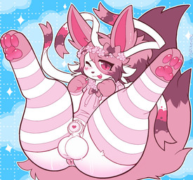 animal_genitalia anthro anus balls blush bodily_fluids bottomless butt chastity_cage chastity_device clothed clothing feet femboy fur genitals hoodie legwear looking_at_viewer male one_eye_closed open_mouth pawpads paws penis presenting presenting_anus presenting_balls presenting_hindquarters presenting_penis sheath simple_background smile solo sweat tail thigh_highs topwear white_body wink sunspikevee nintendo pokemon fan_character canid canine eeveelution generation_6_pokemon humanoid mammal pokemon_(species) sylveon digital_media_(artwork) hi_res