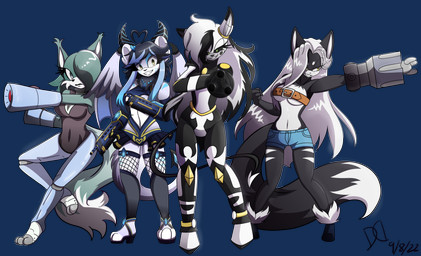 aiming_at_viewer aiming_gun aiming_weapon amber_eyes anthro arm_cannon belt_bra black_body black_tail bottomwear breasts clothed clothing cybernetic_leg cybernetic_limb denim denim_bottomwear denim_clothing denim_shorts dipstick_tail female footwear gatling_gun green_body green_eyes group gun gun_arm hair horn legwear long_hair looking_at_another looking_at_viewer machine machine_gun markings minigun multicolored_body nude one_eye_obstructed partially_clothed pointy_ears ranged_weapon sandals shoes shorts spade_tail tail tail_markings topwear two_tone_body under_boob weapon weapon_arm white_body white_hair white_tail_tip wings dandydani sega sonic_the_hedgehog_(series) fan_character fetel_the_fox lena_the_jackal thetis_(bonjolasermaster) velatis_ferio_caedo android canid canine canis fox jackal mammal robot unknown_species absurd_res alpha_channel hi_res