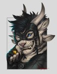 4_ears 4_horns anthro claws clothed clothing coin face_mask fangs female gloves handwear horn looking_at_viewer multi_ear multi_horn one_eye_closed simple_background smile solo teeth white_background rogueliger guild_wars charr felid mammal portrait