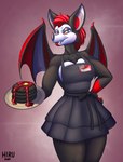 anthro blood bodily_fluids butter dairy_products female food hair multicolored_body pancake red_hair roxybat solo waitress_uniform wings hirurux goth_ihop ihop bat mammal absurd_res hi_res