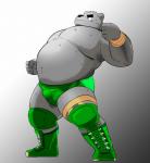 anthro bodily_fluids boots bulge clothed clothing footwear gradient_background green_clothing male musclegut muscular overweight overweight_anthro overweight_male shoes simple_background solo sweat topless wrestler wrestling wrestling_briefs shiba-kenta daigo_kumano bear mammal