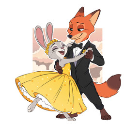 anthro black_tie_(suit) clothing dancing dress duo female female_anthro flower flower_crown larger_male male male/female male_anthro open_mouth pink_nose plant size_difference smaller_female smile suit yokomiro_chan disney zootopia judy_hopps nick_wilde canid canine european_rabbit fox lagomorph leporid mammal oryctolagus rabbit red_fox true_fox 1:1 absurd_res digital_media_(artwork) hi_res