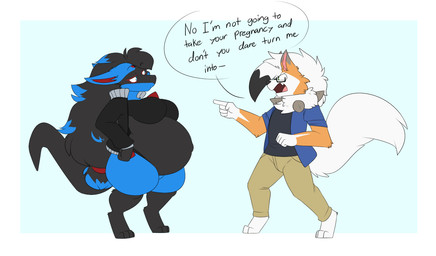 angry anthro barefoot blue_body blue_fur bottomwear breasts clothing dialogue digitigrade duo eyewear feet female fur glasses jacket male pants pokemorph pregnant pregnant_anthro pregnant_female shirt standing tail text topwear vest robertge nintendo pokemon canid canine dusk_lycanroc generation_4_pokemon generation_7_pokemon lucario lycanroc mammal pokemon_(species) 2025 english_text