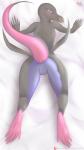 9:16 absurd_res bed black_body black_skin blue_body blue_skin dakimakura dakimakura_design dark_body dark_skin featureless_crotch female furniture generation_7_pokemon hi_res kneeling leokato licking licking_lips licking_own_lips lizard looking_at_viewer looking_back nintendo patreon patreon_logo pink_body pink_skin pokemon pokemon_(species) purple_body purple_eyes purple_skin reptile salazzle scalie self_lick simple_background smile solo spread_legs spreading text tongue tongue_out url wide_hips