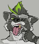 anthro gold_(metal) gold_tooth grey_background male one_eye_closed piercing showing_teeth simple_background solo tongue tongue_out tongue_piercing redsummer procyon_(redsummer) mammal procyonid raccoon greyscale monochrome