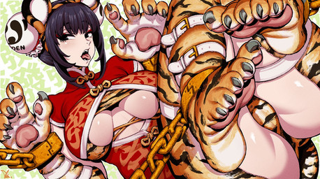 5_fingers 5_toes asian_clothing barefoot belt belt_buckle bound breasts buckle camel_toe chain chained chinese_clothing chinese_dress claws clothing countershade_feet countershade_hands countershading curling_toes dress east_asian_clothing feet female fingers foot_focus hair hair_bun humanoid_feet pawpads paws pink_pawpads plantigrade red_clothing side_boob soles solo text thick_thighs toe_claws toes tongue tongue_out ireading62 animal_humanoid felid humanoid mammal pantherine tiger chinese_text