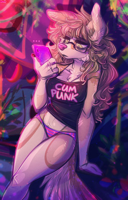 anthro bored breasts brown_body brown_fur brown_hair cellphone chest_tuft cleavage clothed clothing electronics eyewear female fur glasses hair multicolored_body multicolored_fur panties phone pink_clothing pink_nose pink_panties pink_underwear shirt solo tank_top text text_on_clothing text_on_shirt text_on_tank_top text_on_topwear topwear tuft two_tone_body two_tone_fur underwear white_body white_fur yellow_eyes dimwitdog dimmi_(dimwitdog) canid canine canis domestic_dog mammal absurd_res english_text hi_res