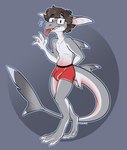 anthro blush bulge clothing eyewear glasses hair looking_at_viewer male scar simple_background solo tongue tongue_out underwear woufoo veskie fish marine reef_shark requiem_shark shark whitetip_reef_shark hi_res