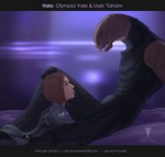 anthro biped brown_hair duo female hair interspecies male male/female reclining text lady_owl halo_(series) microsoft xbox_game_studios olympia_vale usze_'taham alien human mammal sangheili hi_res letterbox url