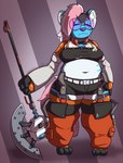 anthro axe belly big_belly big_breasts bottomwear breasts clothing cosplay crossover_cosplay eyes_closed eyewear female glasses goggles goggles_around_neck overweight robotic_arm robotic_legs shirt shorts slightly_chubby slightly_chubby_anthro solo tank_top thick_arms thick_thighs topwear undercut undercut_hair weapon wide_hips impishhyena mihoyo zenless_zone_zero harley_(impishhyena) hyena mammal crossover hi_res