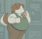 4_fingers anthro belly belt black_belt black_nose book bottomwear brown_body brown_bottomwear brown_clothing brown_fur brown_hair brown_jeans brown_pants bulge butt closed_smile clothed clothing crt denim denim_bottomwear denim_clothing eyewear filing_cabinet fingers floppy_ears freckled_face freckles fully_clothed fur glasses green_clothing green_topwear green_vest hair happy inside jeans male moobs mouth_closed multicolored_body multicolored_fur necktie nerd overweight overweight_anthro overweight_male pants pawpads pink_pawpads post-it_note raised_tail red_necktie round_glasses shirt side_view smile snout solo standing tail thick_thighs topwear two_tone_body two_tone_fur vest wearing_glasses white_body white_clothing white_fur white_shirt white_topwear cafongterua border_collie canid canine canis collie domestic_dog herding_dog mammal pastoral_dog sheepdog 2025 cel_shading digital_media_(artwork) portrait shaded three-quarter_portrait