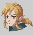 blue_eyes clothing ear_piercing ear_ring hair humanoid_pointy_ears looking_at_viewer male not_furry piercing ponytail ring_piercing simple_background solo foxvulpine nintendo the_legend_of_zelda link elf humanoid hylian