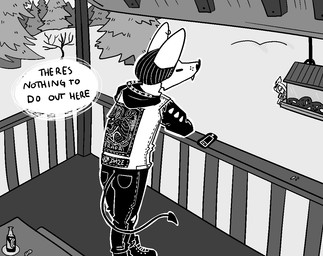 alcohol alternative_fashion anthro beer beverage cellphone clothing ear_piercing ear_ring electronics eyes_closed fangs footwear hat headgear headwear jacket leather leather_clothing leather_jacket leather_topwear male outside patch_(fabric) phone piercing plant punk ring_piercing shoes smartphone solo spade_tail speech_bubble tail teeth text topwear tree sinsquest days_n'_daze fall_of_efrafa sins_(sinsquest) avian bat bird mammal english_text greyscale monochrome andromorph_(lore) trans_(lore) trans_man_(lore)