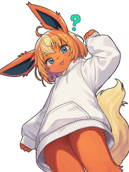 ahoge anthro anthrofied blush bottomless clothed clothed_anthro clothed_female clothing cute_fangs fangs female female_anthro flat_chested fur hair hoodie hoodie_only kemono looking_at_viewer low-angle_view open_mouth orange_body orange_fur orange_hair pokemorph question_mark simple_background solo tail teeth tongue topwear topwear_only white_background young young_anthro young_female neko_t_chan nintendo pokemon eeveelution flareon generation_1_pokemon pokemon_(species) 2025 3:4 absurd_res alternate_version_at_source digital_media_(artwork) hi_res portrait three-quarter_portrait