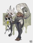 accessory anthro bag bent_over bodysuit breasts clothing curled_tail eyebrows female fingers furgonomics glistening glistening_eyelids green_eyes green_tongue grey_body grey_ears grey_tail hip_cutout hipless_clothing holding_key holding_object key lidded_eyes long_tongue non-mammal_breasts skinsuit small_waist solo standing tail tail_accessory tail_bag teeth thick_thighs tight_clothing tongue tongue_out foresttherotten keko_(foresttherotten) chameleon lizard reptile scalie 2024 digital_drawing_(artwork) digital_media_(artwork) full-length_portrait hi_res portrait