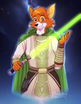 anthro big_nose black_nose brown_eyes cape claws clothing fur green_cape green_clothing green_lightsaber jedi jedi_tunic lightsaber male melee_weapon orange_body orange_fur sky solo toony toony_eyes weapon white_body white_fur 1ndigocat disney robin_hood_(disney) star_wars robin_hood canid canine fox mammal colored_sketch half-length_portrait hi_res portrait sketch