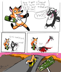 ambiguous_gender anthro blood bodily_fluids commentary duo gore inflation killing mexico motor_scooter oops sunset tail text the_truth vehicle constantine canid canine fox mammal mephitid skunk 2009 comic digital_media_(artwork) english_text