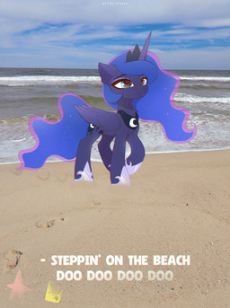 1_horn beach black_neckwear black_tiara blue_hair blue_tail closed_smile cloud crescent_moon_(marking) crown cutie_mark day eyelashes eyeshadow female female_feral feral hair headgear highlights_(coloring) hooves horn long_hair makeup markings moon_(marking) mouth_closed outside photo_background purple_body purple_eyeshadow purple_highlights purple_hooves purple_wings quadruped sand sea smile solo spiral_horn tail teal_eyes text tiara walking water wings nnalyart friendship_is_magic hasbro my_little_pony mythology nickelodeon spongebob_squarepants patrick_star princess_luna_(mlp) spongebob_squarepants_(character) equid equine mammal mythological_creature mythological_equine winged_unicorn absurd_res digital_drawing_(artwork) digital_media_(artwork) english_text hi_res mixed_media photography_(artwork) shaded