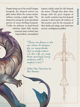 ambiguous_gender blue_body claws cursive feral frill_(anatomy) grey_body high-angle_view purple_body quote simple_background solo species_information spread_wings tail tail_frill tan_background text wings christopher_stoll dragonatomy aquatic monster 2025 english_text hi_res line_art