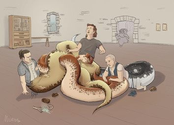 accidental_transformation brown_body brown_scales cabinet entangled feral forced forced_transformation group magic_user male mid_transformation monochrome_scales potion red_body red_scales running scales shocked stuck transformation transformation_by_substance transformation_potion trio uncomfortable mulveyyy human mammal reptile scalie snake hi_res