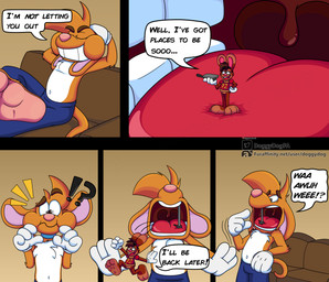 3_toes 4_fingers anthro big_feet big_grin big_tongue bottomwear cartoon_gloves cartoon_physics cheek_bulge clothing collar duo extreme_size_difference eyebrows eyewear feet fingers glasses macro male male/male mawplay micro pants pawpads paws red_tongue size_difference soft_vore soles text toes tongue toony toony_moment uvula vore wide_tongue doggydog doggydog_(character) roderick_(tamerkoh) toon_doggydog_(doggydog) canid canine canis domestic_dog lagomorph leporid mammal rabbit absurd_res comic english_text hi_res