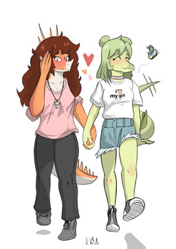 alternate_lesbian_pride_colors anthro anthro_on_anthro biped blush bottomwear breasts brown_hair choker clothing cross denim denim_bottomwear denim_clothing denim_shorts duo eyes_closed facial_horn female female/female fingers footwear front_view green_body green_hair green_scales grey_bottomwear grey_clothing grey_pants hair hair_bun hand_holding happy heart_symbol horn humanoid_hands interspecies jewelry lesbian_pride_colors lgbt_pride long_hair long_tail medium_breasts multicolored_body multicolored_scales necklace nervous non-mammal_breasts orange_body orange_scales pants pink_clothing pink_shirt pink_topwear pride_colors romantic romantic_couple scales shirt shoes shorts shy smile spiked_tail spikes spikes_(anatomy) tail text topwear twin_buns two_tone_body two_tone_scales walking white_body white_clothing white_scales white_shirt white_topwear j-wan cavemanon_studios converse goodbye_volcano_high snoot_game rosa_(gvh) stella_(gvh_beta) aquilops arthropod butterfly ceratopsian dinosaur insect lepidopteran marginocephalian ornithischian prehistoric_species reptile scalie stegosaurian stegosaurus thyreophoran absurd_res artist_name english_text hi_res shaded