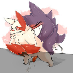 anthro balls bite biting_lip blush bodily_fluids cum duo genital_fluids genitals humanoid_genitalia humanoid_penis male male/male markings orgasm penis red_markings sex raburigaron nintendo pokemon generation_1_pokemon generation_3_pokemon gengar ghost herpestid mammal mongoose pokemon_(species) spirit zangoose 1:1 2017 hi_res