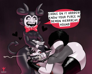 anthro big_breasts big_butt bodily_fluids bow_(feature) bow_tie breasts bulge butt choker clothing collar cum cum_from_nose cum_in_mouth cum_in_nose cum_inside deep_throat dialogue dominant dominant_male duo female forced genital_fluids genitals heart_symbol horn humanoid_genitalia humanoid_penis jewelry legwear male male/female necklace open_mouth oral oral_penetration penetration penis sex sharp_teeth simple_background size_difference speech_bubble spiked_collar spikes teeth text thick_thighs thigh_highs vein veiny_penis avioylin hellaverse helluva_boss mythology el_diablo_(parasitedeath) loona_(helluva_boss) canid canid_demon canine canis demon hellhound imp mammal mythological_canine mythological_creature wolf 5:4 english_text hi_res