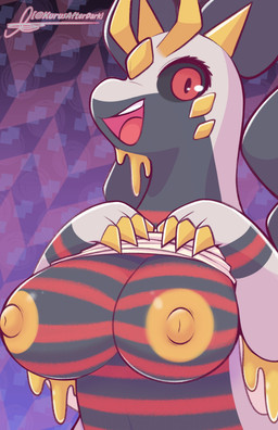 abstract_background anthro areola big_breasts black_body breasts clothed clothing clothing_lift eye_markings female female_anthro horn looking_at_viewer markings nipples open_mouth presenting presenting_breasts red_body red_eyes shirt shirt_lift smile smiling_at_viewer solo striped_body striped_breasts stripes topwear white_body yellow_areola yellow_horn yellow_nipples kurus mythology nintendo pokemon dragon generation_4_pokemon generation_6_pokemon giratina goodra hybrid legendary_pokemon mythological_creature mythological_scalie pokemon_(species) scalie 2021 absurd_res hi_res signature