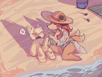 age_difference anthro beach cross-popping_vein detailed_background duo female fur hair larger_female male older_female orange_body orange_fur red_hair sand size_difference smaller_male tail tail_motion tailwag white_body white_fur white_hair younger_male fetloaf annie_(fetloaf) yuri_(fetloaf) canid canine domestic_cat felid feline felis fox mammal absurd_res hi_res