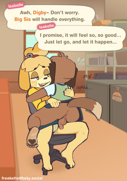 accessory anthro anus arms_around_partner balls blouse bodily_fluids bottomwear brown_body brown_fur butt chair chair_position claws clothed clothing clothing_lift crossdressing dialogue duo feet female finger_claws from_behind_position fur furniture genitals hair_accessory half-closed_eyes hand_on_back hand_on_butt imminent_feces imminent_urine jacket looking_away male male/female narrowed_eyes nervous office office_chair panties pawpads paws penis rear_view sex sitting skirt skirt_lift smug smug_face speech_bubble sweat sweatdrop tail toe_claws toes topwear underwear vest worried yellow_body yellow_fur freakette animal_crossing nintendo digby_(animal_crossing) isabelle_(animal_crossing) canid canine canis domestic_dog mammal shih_tzu toy_dog 2025 hi_res brother_(lore) brother_and_sister_(lore) incest_(lore) sibling_(lore) sister_(lore) twincest_(lore) twins_(lore)