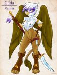 2015 absurd_res ambris anthro anthrofied areola avian beak breasts brown_body brown_feathers erect_nipples feathered_wings feathers female friendship_is_magic genitals gilda_(mlp) gryphon hasbro hi_res looking_at_viewer melee_weapon my_little_pony mythological_avian mythological_creature mythology nipples non-mammal_breasts nude polearm purple_body purple_feathers pussy solo spear tail weapon white_body white_feathers wings yellow_eyes