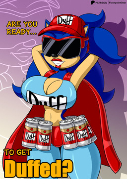 alcohol beer beverage beverage_can big_breasts black_nose blue_bottomwear blue_clothing blue_ears blue_hair blue_pants blue_quills bottomwear breasts cape cleavage clothed clothing countershading crop_top crossgender eyewear female grin hair hands_behind_head hat headgear headwear lips long_hair motion_lines pants quills_(anatomy) red_cape red_clothing red_hat red_headwear red_lips shirt small_waist smile sunglasses tan_arms tan_body tan_countershading tan_inner_ear tan_skin teeth teeth_showing text thick_thighs topwear wide_hips flashpointgear duff_beer sega sonic_the_hedgehog_(series) the_simpsons duffman sonic_the_hedgehog eulipotyphlan hedgehog mammal absurd_res english_text hi_res