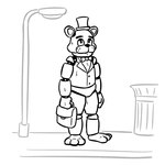 3_toes anthro barefoot bow_(feature) bow_tie clothing feet fingers hat headgear headwear holding_object holding_suitcase machine male solo standing street_lamp suit suitcase toes top_hat topwear trash_can advos five_nights_at_freddy's scottgames freddy_(fnaf) animatronic bear mammal robot 1:1 2023 digital_media_(artwork) monochrome