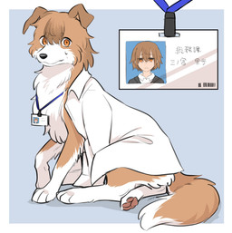 after_transformation ambiguous_gender badge before_and_after bodily_fluids brown_body brown_fur brown_hair chest_tuft clothed clothing coat feral fur hair id_card id_tag implied_transformation lab_coat lanyard name_badge open_clothing open_shirt open_topwear orange_eyes partially_clothed pawpads shirt sitting solo sweat sweatdrop text topwear tuft white_body white_fur tsukune_minaga canid canine canis domestic_dog human mammal hi_res japanese_text portrait signature