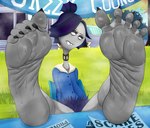 5_toes barefoot bodily_fluids buckteeth clothed clothing collar feet female foot_focus hair hair_over_eye humanoid_feet multi_eye plantigrade soles solo sweat sweaty_feet teeth toes ssunsalm disney monsters_inc monsters_university pixar claire_wheeler humanoid monster absurd_res hi_res