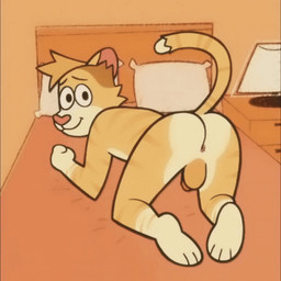 anthro anus balls bed blonde_hair bouncing_balls butt cheek_tuft countershading facial_tuft fur furniture genitals hair lamp looking_at_viewer male markings penis pillow pink_anus pink_nose presenting presenting_anus presenting_balls presenting_hindquarters presenting_penis raised_tail shaking_butt smile smiling_at_viewer solo striped_body striped_fur striped_markings striped_tail stripes swinging_penis tail tail_markings tail_motion tailwag tuft yellow_body yellow_fur vickydanne chuck_(p_rindustries) domestic_cat felid feline felis humanoid mammal 1:1 animated short_playtime warm_colors