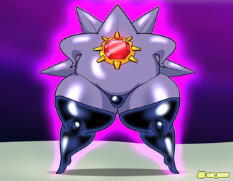 anthro bulge butt clothed clothing footwear glowing latex latex_clothing legwear male proud purple_body solo star text thick_thighs thigh_highs al_gx nintendo pokemon generation_9_pokemon mega_evolution mega_starmie pokemon_(species) 2025 digital_media_(artwork) english_text hi_res signature