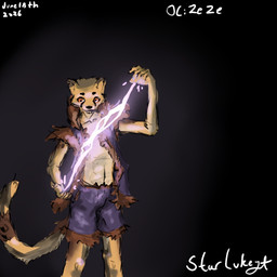 anthro brown_body brown_eyes brown_fur casting_spell electricity electricity_manipulation elemental_manipulation femboy fur lightning_bolt male markings showing_chest solo striped_markings striped_tail stripes tail tail_markings tan_body tan_fur using_magic white_body white_fur starlithe ze_ze_ze_(starlithe) cheetah felid feline mammal