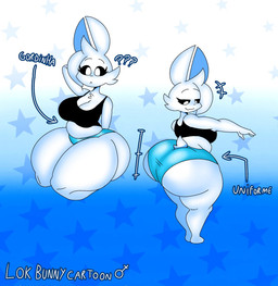 anthro big_breasts big_butt breasts bubble_butt butt clothing female huge_butt scut_tail short_tail solo tail text thick_thighs uniform white_body white_eyes lokbunny17 lok_bunny lagomorph leporid mammal rabbit 2024 hi_res model_sheet portuguese_text translated