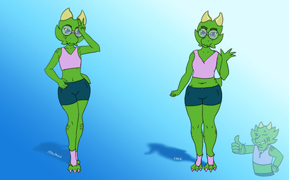 anthro claws comparing duo eyelashes eyewear female freckled_face freckled_legs freckled_shoulders freckles glasses gradient_background green_body green_skin long_eyelashes pink_claws scale_freckles scales simple_background slightly_chubby filiaflaminis filia_viridiana_flaminis kobold scalie 16:10 hi_res signature watermark widescreen