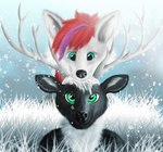 anthro antlers black_body black_fur duo female fluffy fur hair horn male male/female realistic_fur red_hair snow white_body white_fur winter black-buck_(artist) black-buck_(character) snowflake_(character) arctic_fox canid canine deer fox mammal true_fox